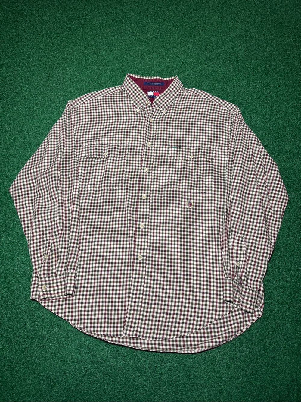 Tommy Hilfiger 90s Plaid Button Up Vintage Crest Logo Preppy XL Hip Hop Shirt